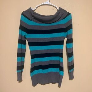 Say What? 90’s y2k women’s Blue and grey striped cowl neck sweater size small